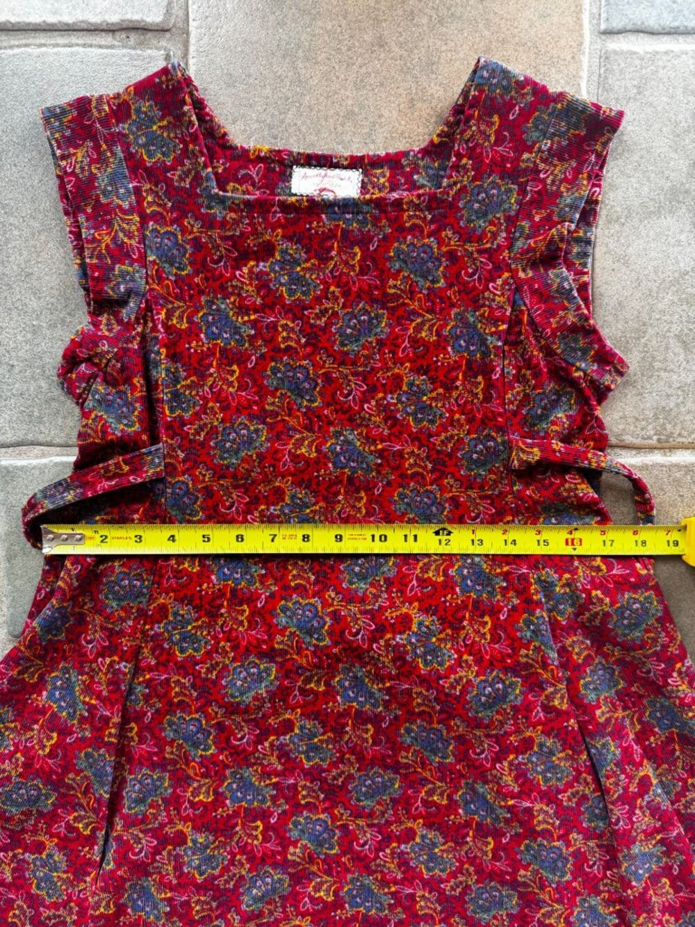 Vintage Handmade Red Floral Corduroy Dress With Ruffle Sleeves & Tie Waist - Swe - Picture 6 of 9